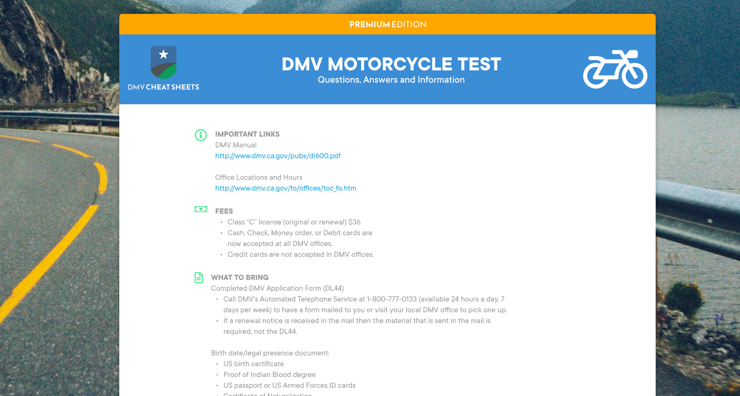 California DMV Motorcycle Cheat Sheet